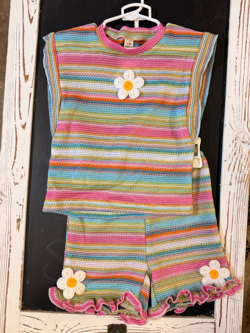 Striped Crochet Dress with Daisy Appliqués - Multicolor